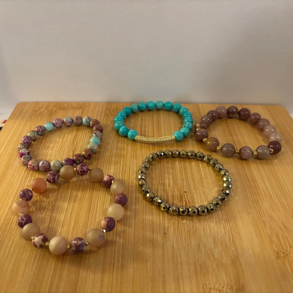 Handmade Gemstone Bracelet Stack Set of 5 NWT Turquoise Jasper Strawberry Quartz